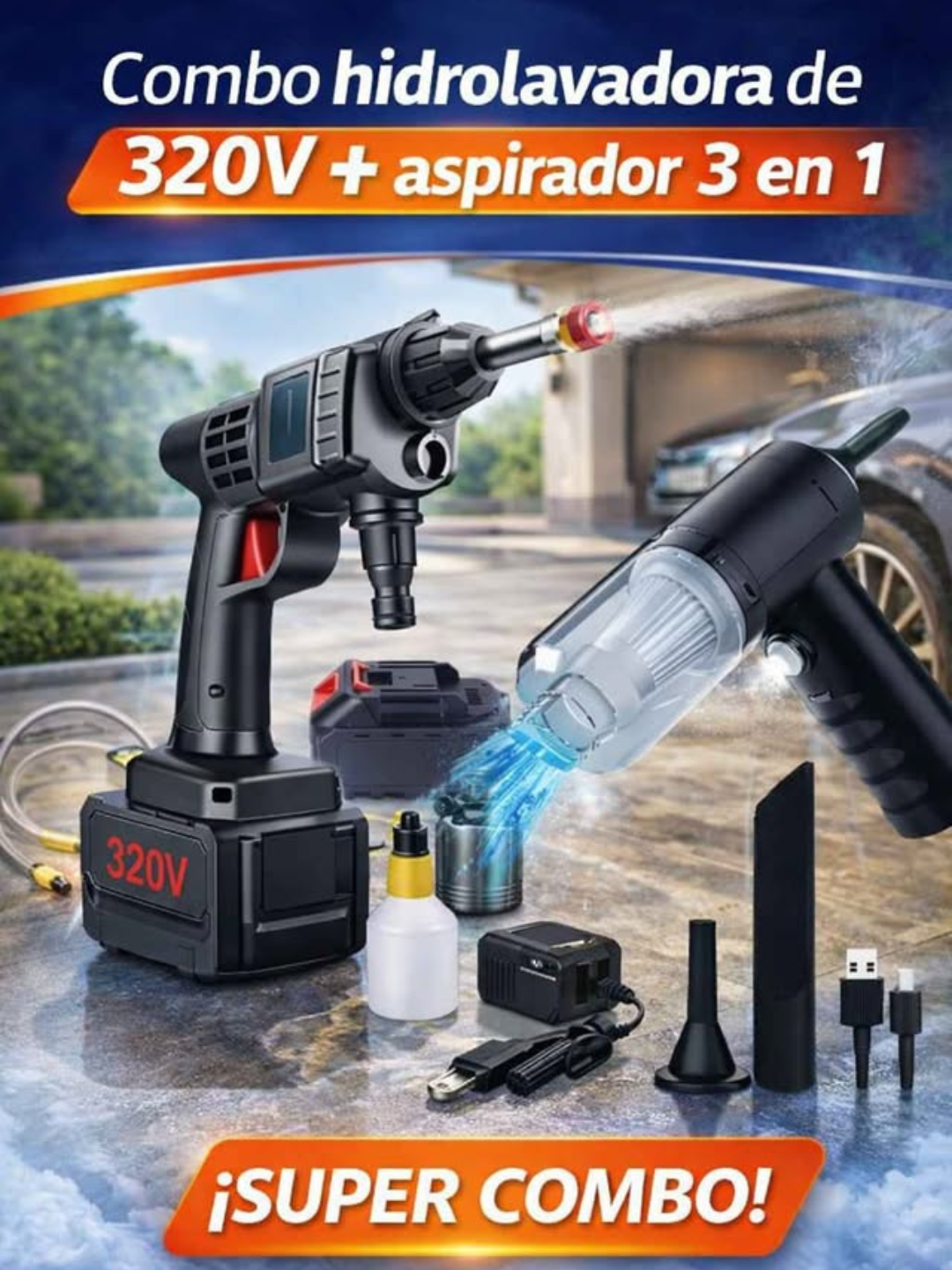 Combo Hidrolavadora portátil + Mini Aspiradora 3 en 1